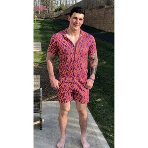 Zesties Mens Romper L Wildfire 80's 90's Colorful Pockets Retro Resort Beach